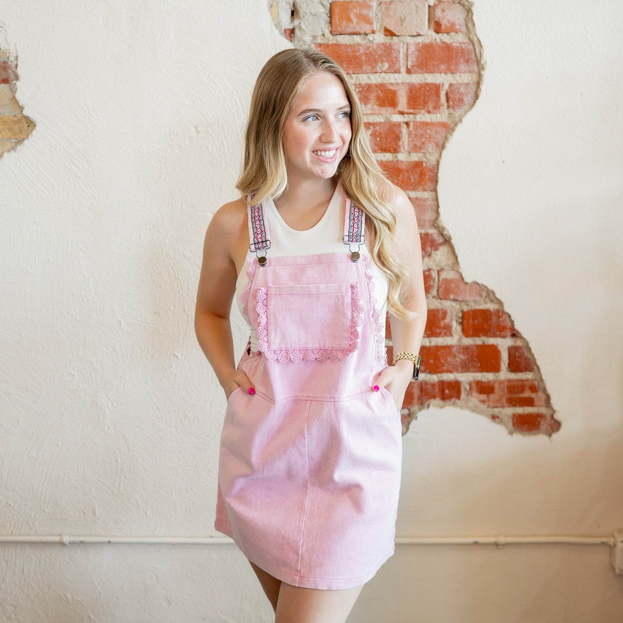 Pink Overall Skirt Embroider Strap Hope Boutique Weatherford